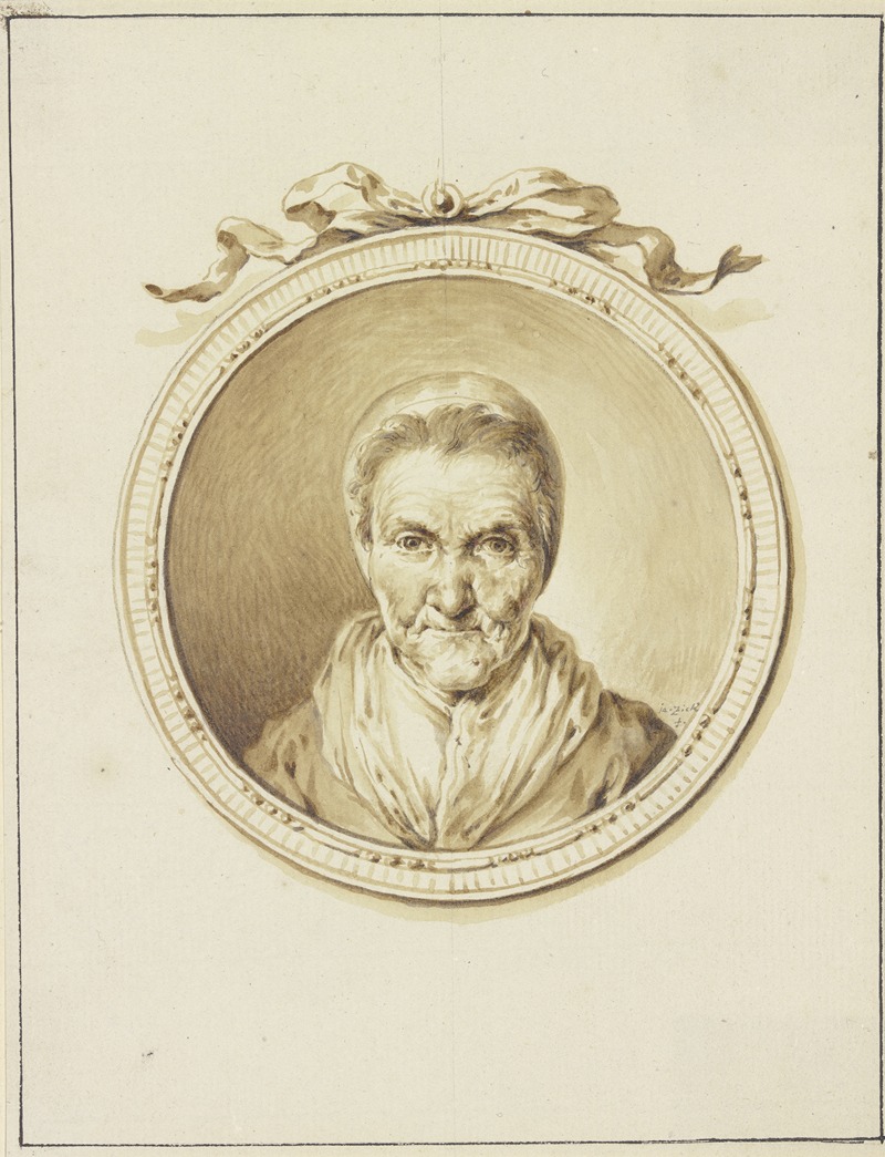 Januarius Zick - Bildnis einer alten Frau en face in einem Medaillon mit Schmuckband