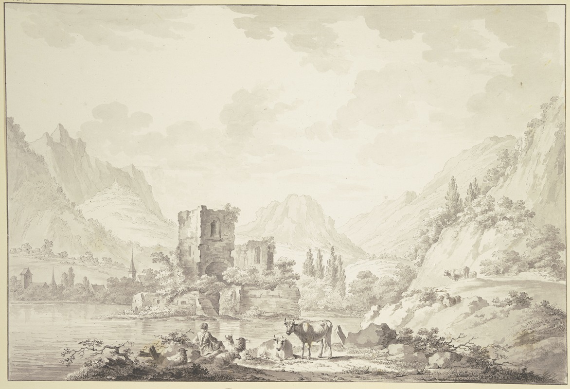 Jean George Teissier - Auf einer Insel in einem Fluß eine Ruine, von hohen Bergen umgeben, vorne ein Hirte mit einigem Vieh