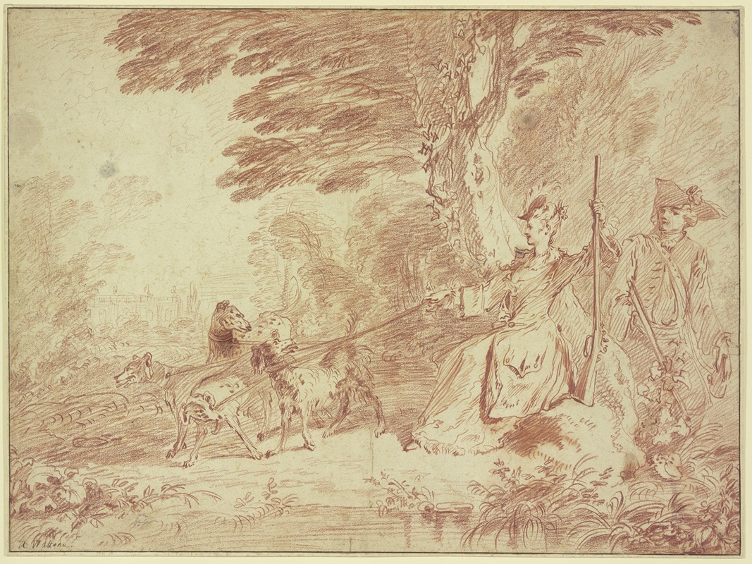 Jean-Antoine Watteau - Jagdpartie, Jägerin und Jäger mit vier Hunden in einer Landschaft