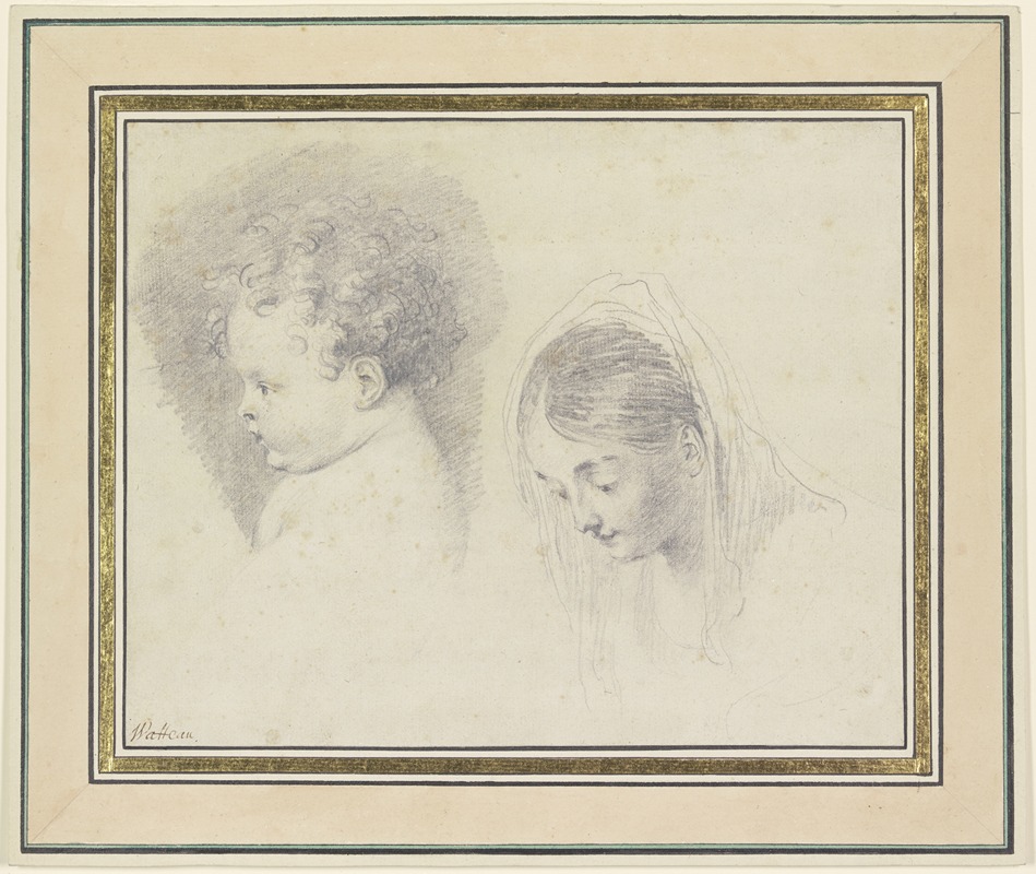 Jean-Antoine Watteau - Kinderkopf im Profil nach links und Kopf einer jungen Frau mit gesenktem Blick
