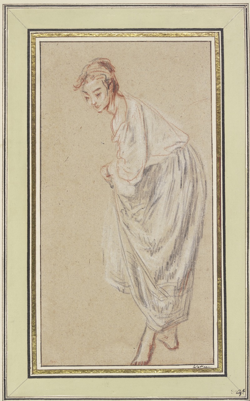 Jean-Antoine Watteau - Standing Girl; barefoot, lifting her skirt