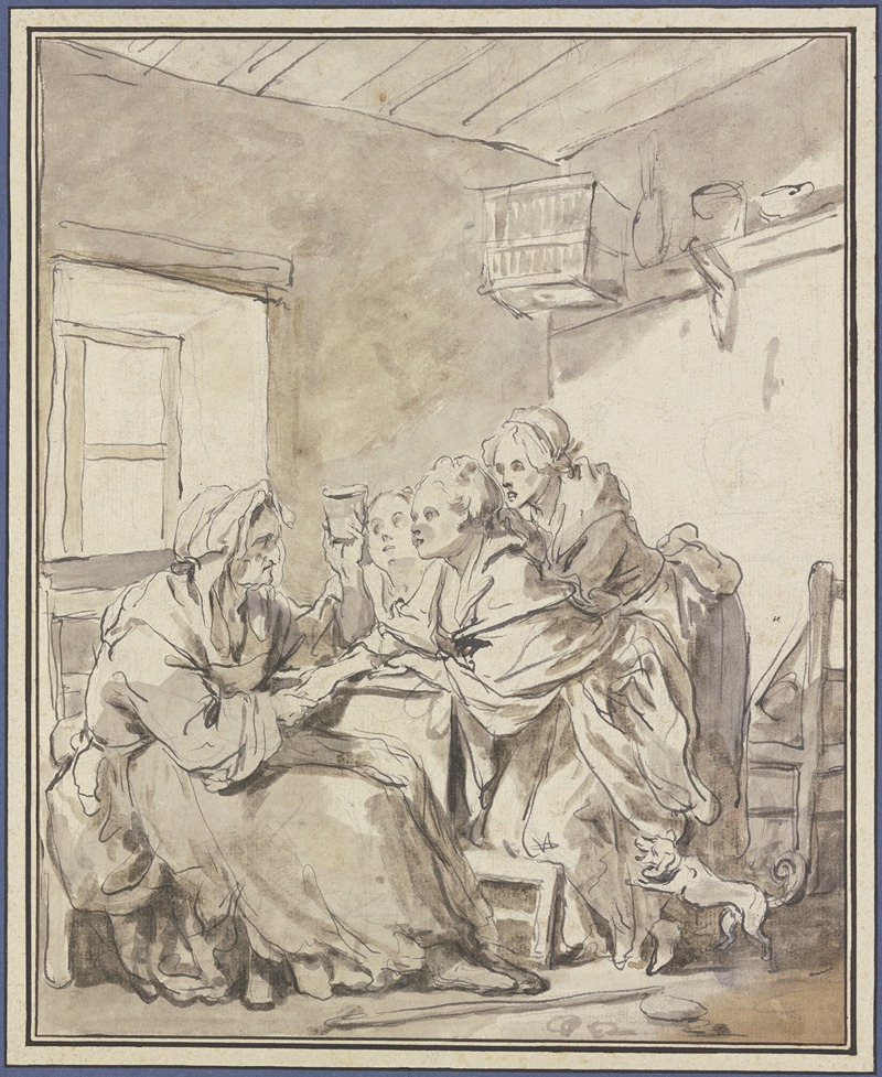 Jean-Baptiste Greuze - Alte Frau, drei jungen Frauen aus einem Glase wahrsagend