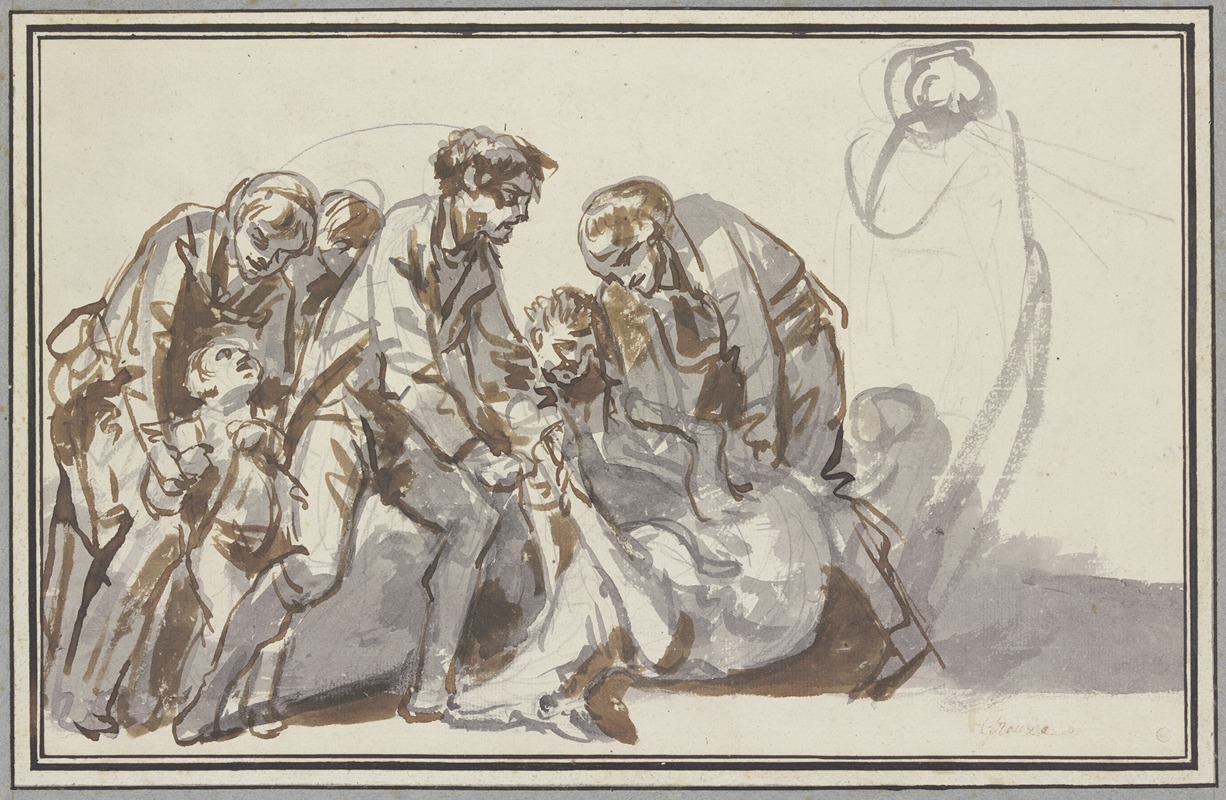 Jean-Baptiste Greuze - Figurengruppe mit zwei Männern, die einer am Boden liegenden toten Hirschkuh die Hufe zusammenzubinden versuchen