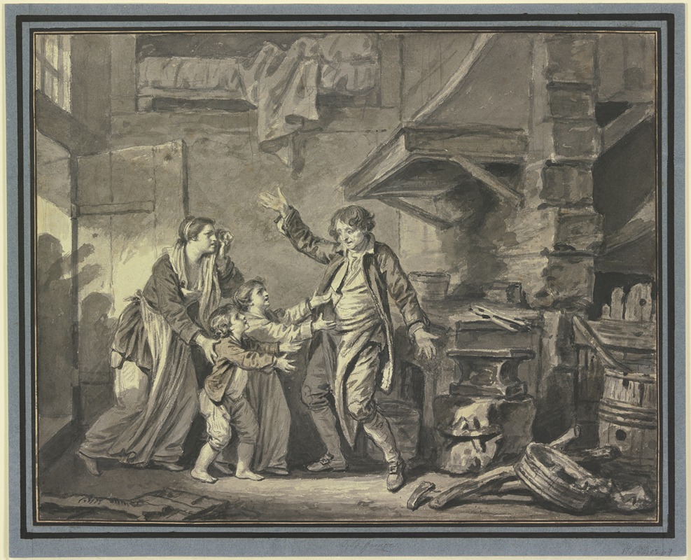 Jean-Baptiste Greuze - In einer Schmiede fleht ein Weib mit zwei Kindern einen Mann an
