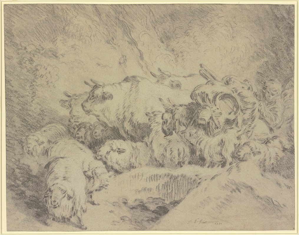 Jean-Baptiste Huet - Ein Hirte mit einem bepacktem Esel treibt Ochsen und Schafe vor sich her