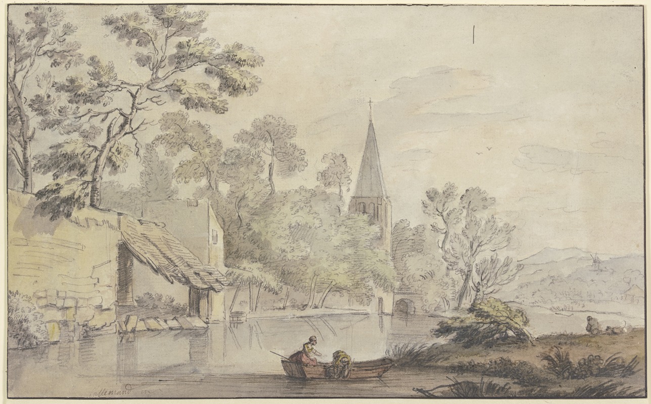 Jean-Baptiste Lallemand - Kirchturm und einige Gebäude an einem Wasser, vorne zwei Frauen in einem Kahn