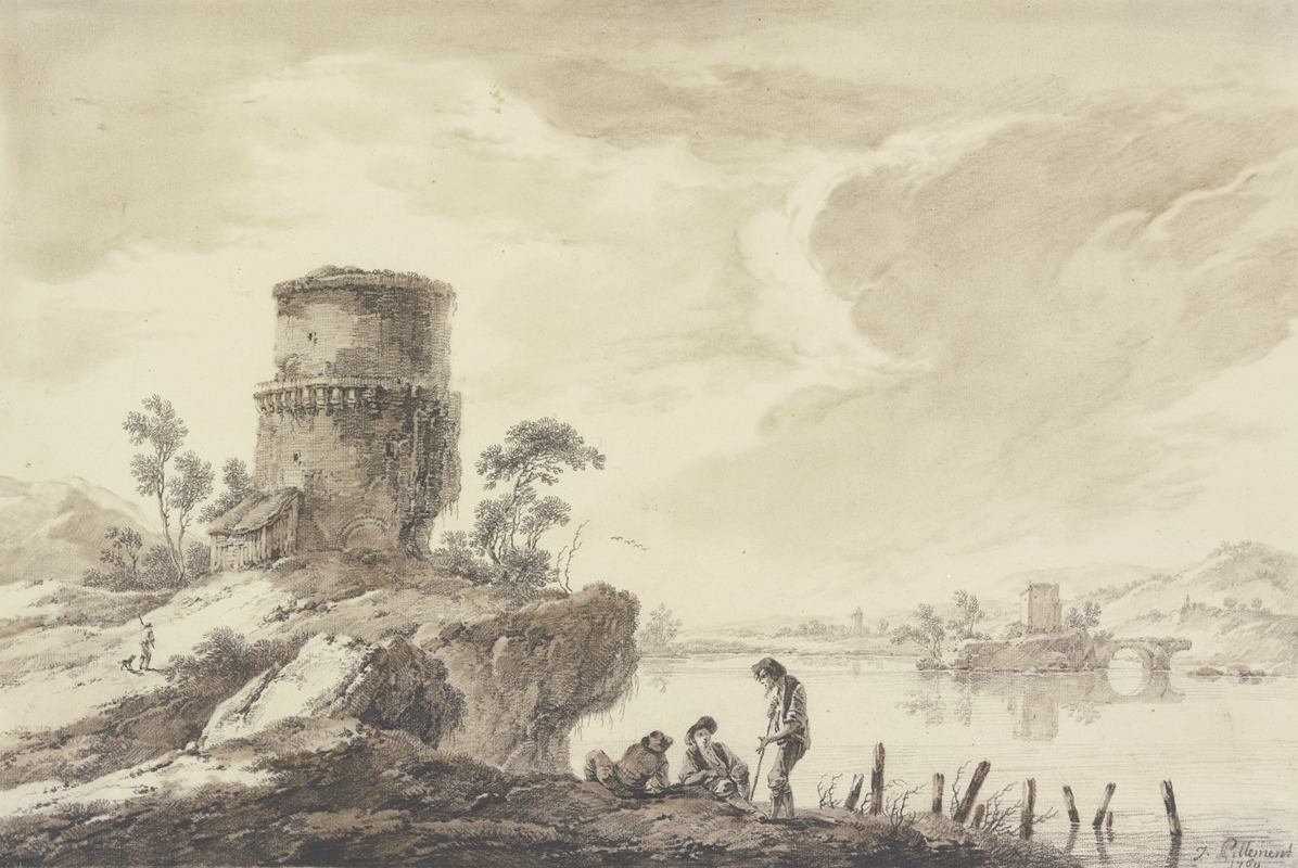 Jean-Baptiste Pillement - Flußgegend, im Vordergrund ein runder, im Mittelgrund auf einer Insel ein viereckiger Turm, mit Ruinen einer Brücke