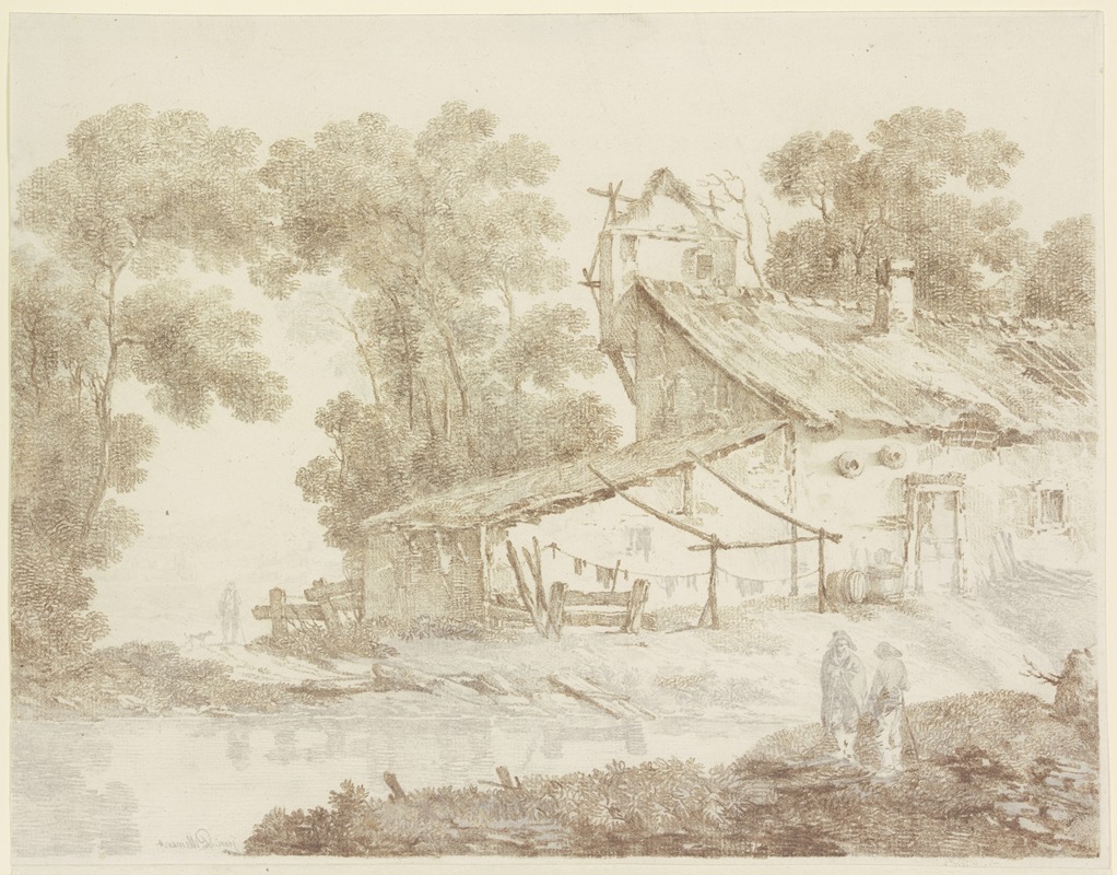 Jean-Baptiste Pillement - Ärmliches Bauernhaus an einem Gewässer, mit aufgehängter Wäsche