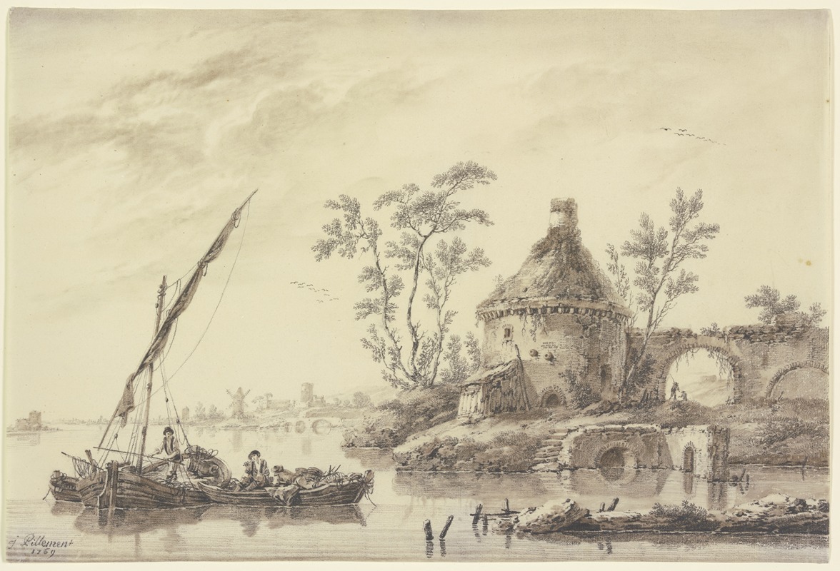 Jean-Baptiste Pillement - Flache Küstenlandschaft mit einem alten Turm und Windmühle