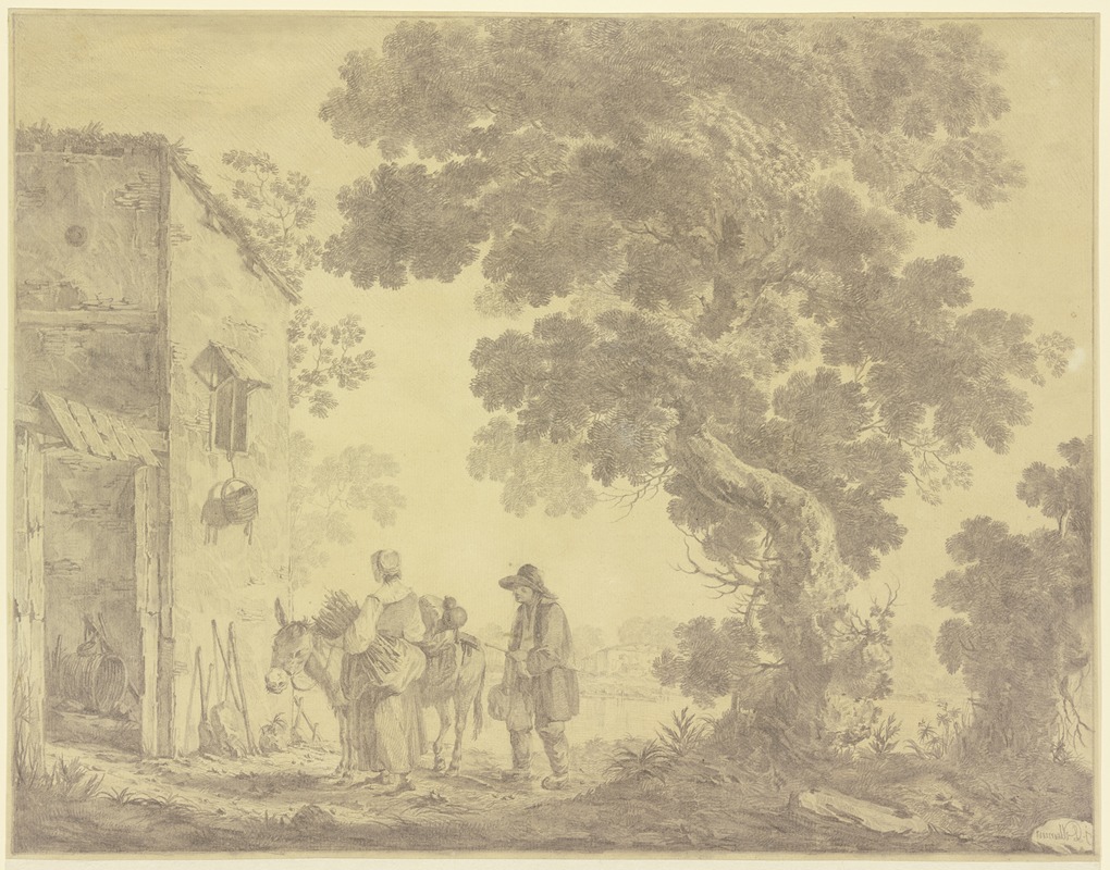 Jean-Baptiste Pillement - Vor einem Hause unter einem großen Baume ein Mann und eine Frau mit einem Esel