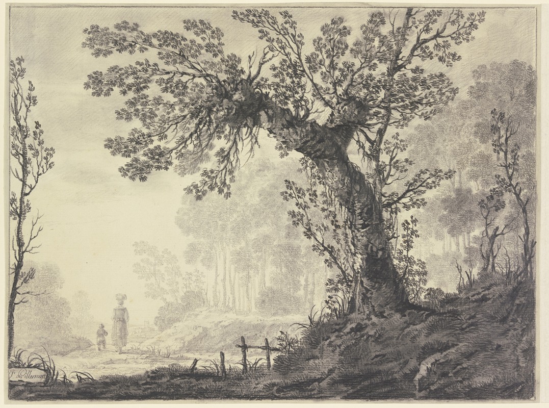 Jean-Baptiste Pillement - Waldausgang, auf einem Weg eine Frau mit einem Knaben