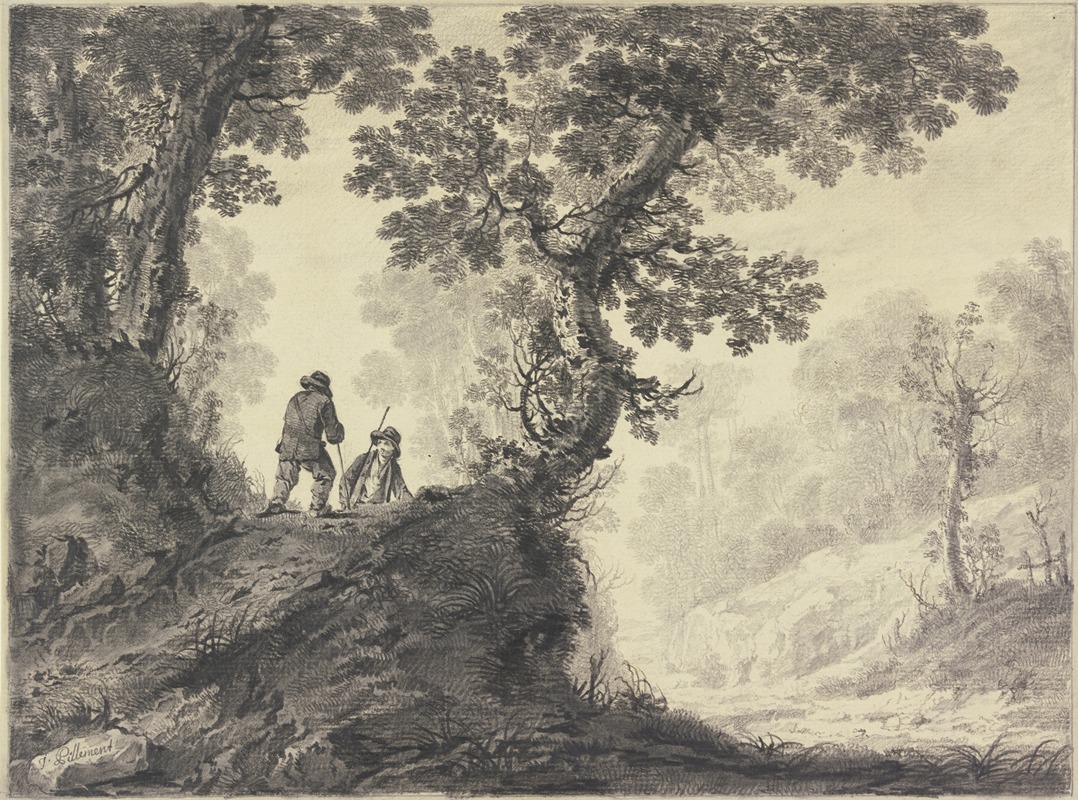 Jean-Baptiste Pillement - Waldlandschaft, links auf einer Anhöhe zwei Wanderer