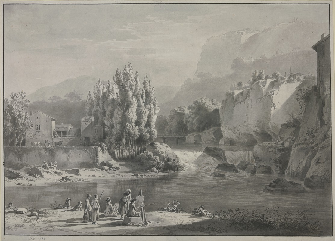 Jean-Jacques de Boissieu - Flußlandschaft mit hohen Bergen, im Vordergrund zwei Maler mit Zuschauern