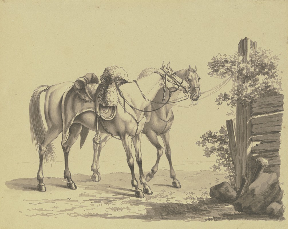 Johann Adam Klein - Zwei gesattelte Militärpferde, an einen Pfahl gebunden