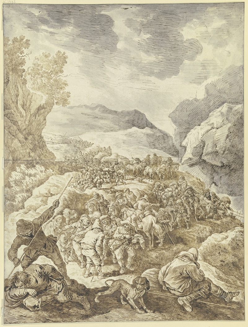Johann Albrecht Dietzsch - Ein großer Zug von Männern zu Fuß und zu Pferde durch eine Felsschlucht