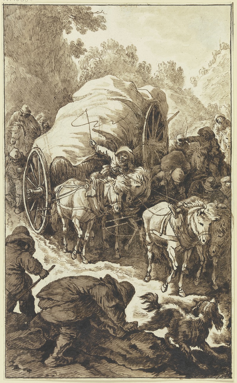 Johann Albrecht Dietzsch - Ein hochbepackter, von vier Pferden gezogener Wagen kommt einen Gebirgsweg herab