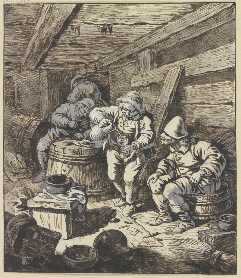 Johann Albrecht Dietzsch - In einem niedrigen, holzverkleideten Raum mit Fässern sitzt rechts ein Bauer, nach seinem Kumpan schauend, der Wein einschenkt