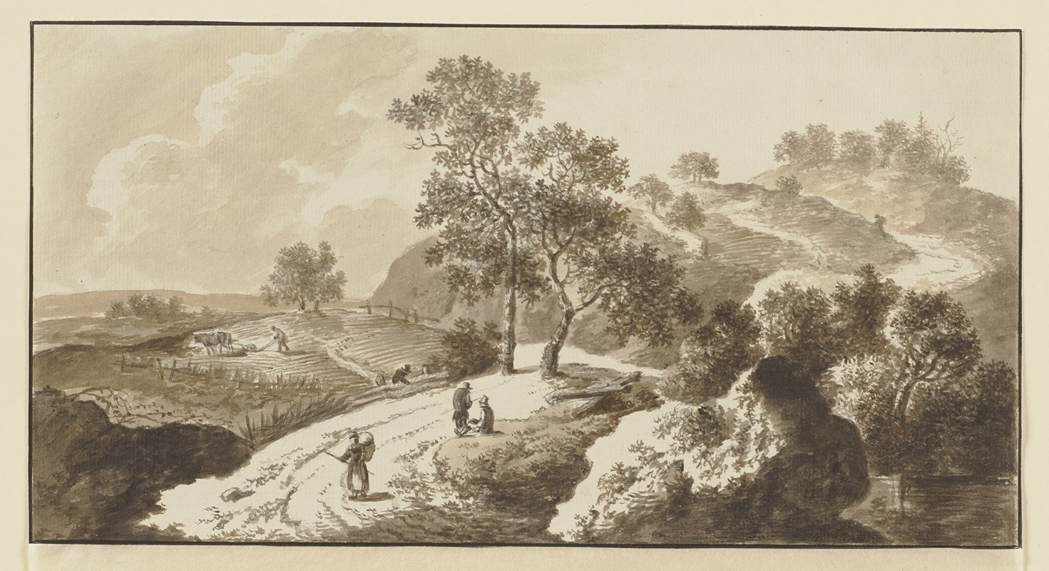 Johann Alexander Thiele - Bewaldete Anhöhe hinter einem Acker, Staffagefiguren auf dem Weg und dem Feld