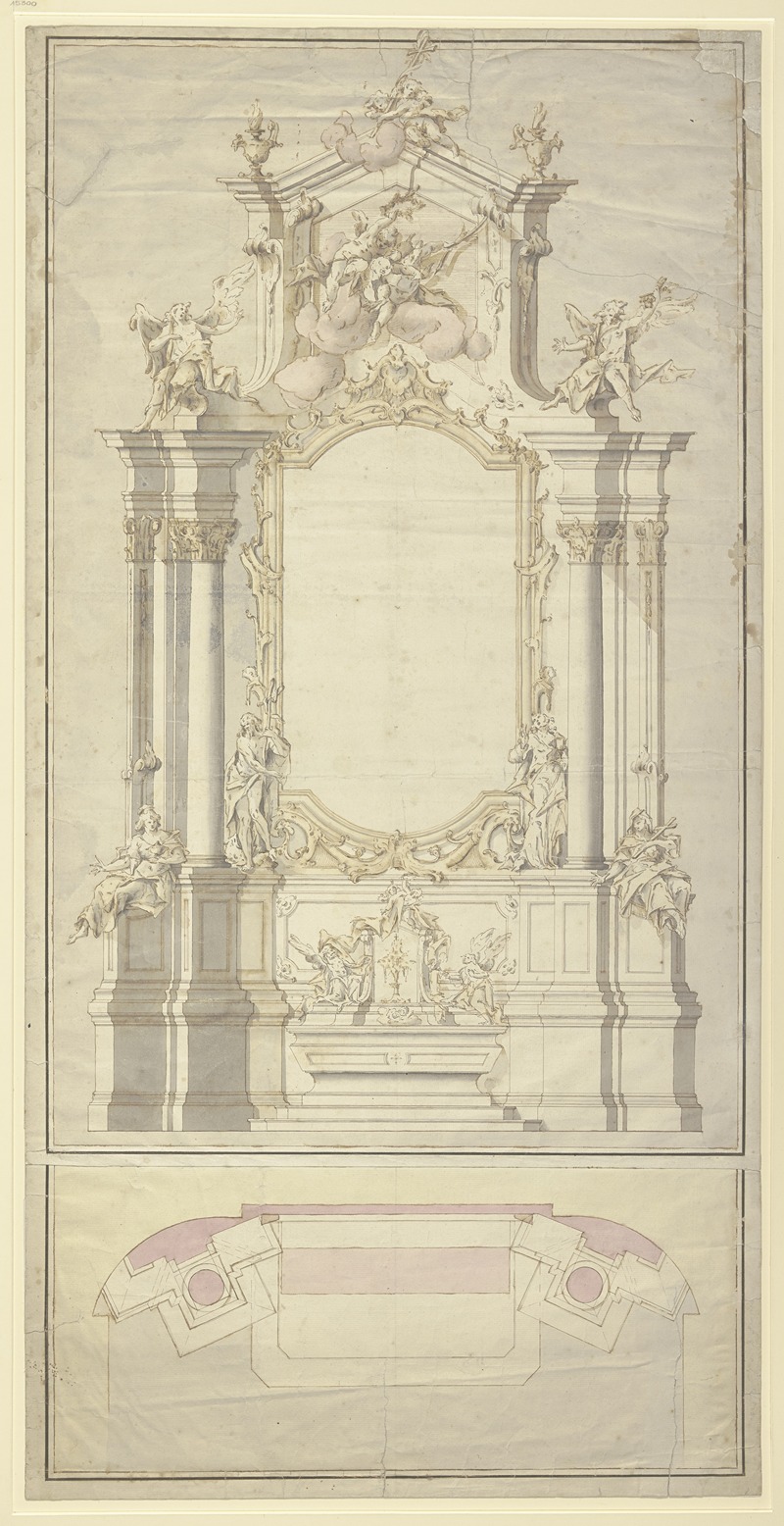 Johann Baptist Straub - Altarentwurf; Rechts und links von der Rahmung für das Altarblatt stehen die beiden Johannes, zu Füßen der Säulen rechts und links sitzt je eine allegorische weibliche Gestalt