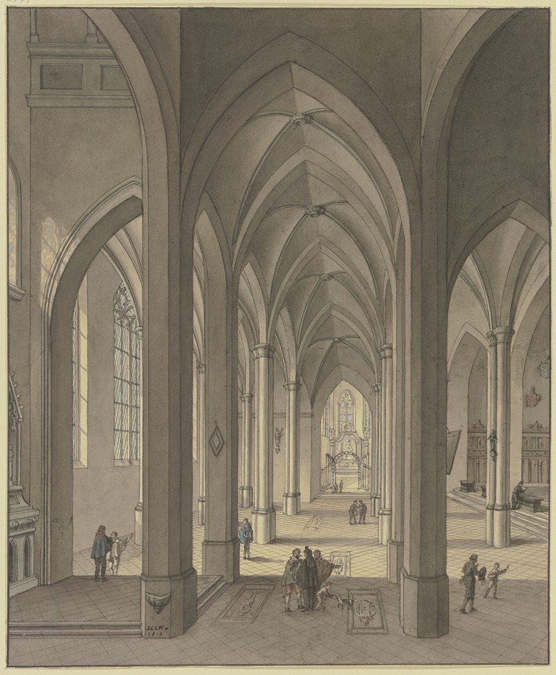 Johann Ludwig Ernst Morgenstern - Blick in den Chor einer dreischiffigen gotischen Hallenkirche mit Staffagefiguren in der Tracht des 17. Jahrhunderts