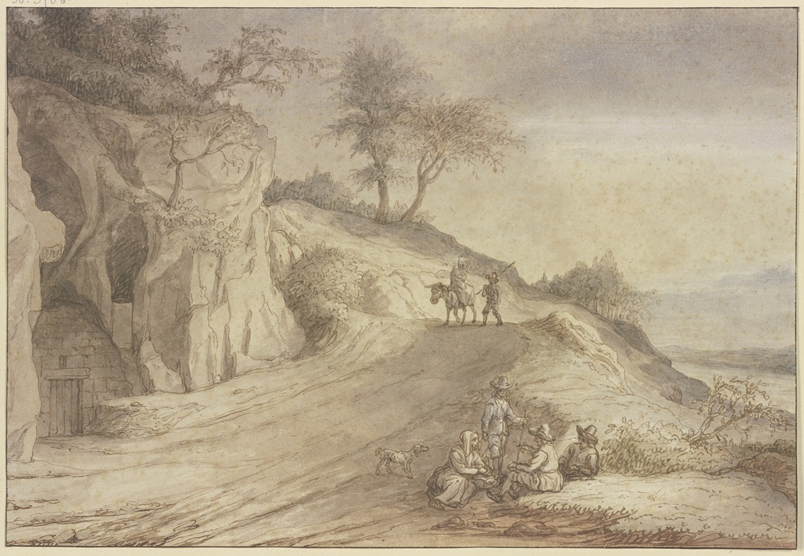 Lambert Doomer - Weg über einen Hügel mit einem Mann zu Fuß und einer Frau auf einem Esel, vorne eine lagernde Gruppe von vier Figuren