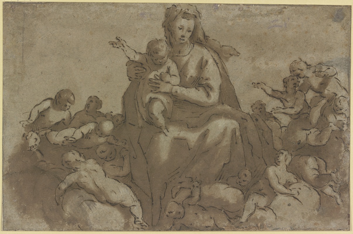 Leonardo Corona - Madonna mit Kind in Wolken, von Engeln umgeben