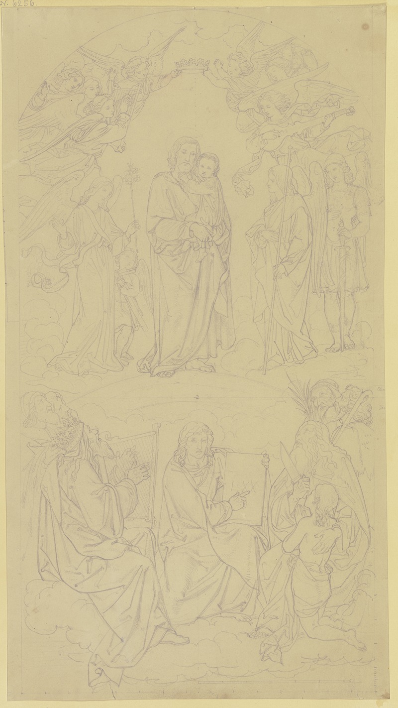 Leopold Kupelwieser - Joseph mit dem Jesuskind auf dem Arm, von musizierenden und ihn krönenden Engeln umgeben, unten König David und Abraham mit Isaak