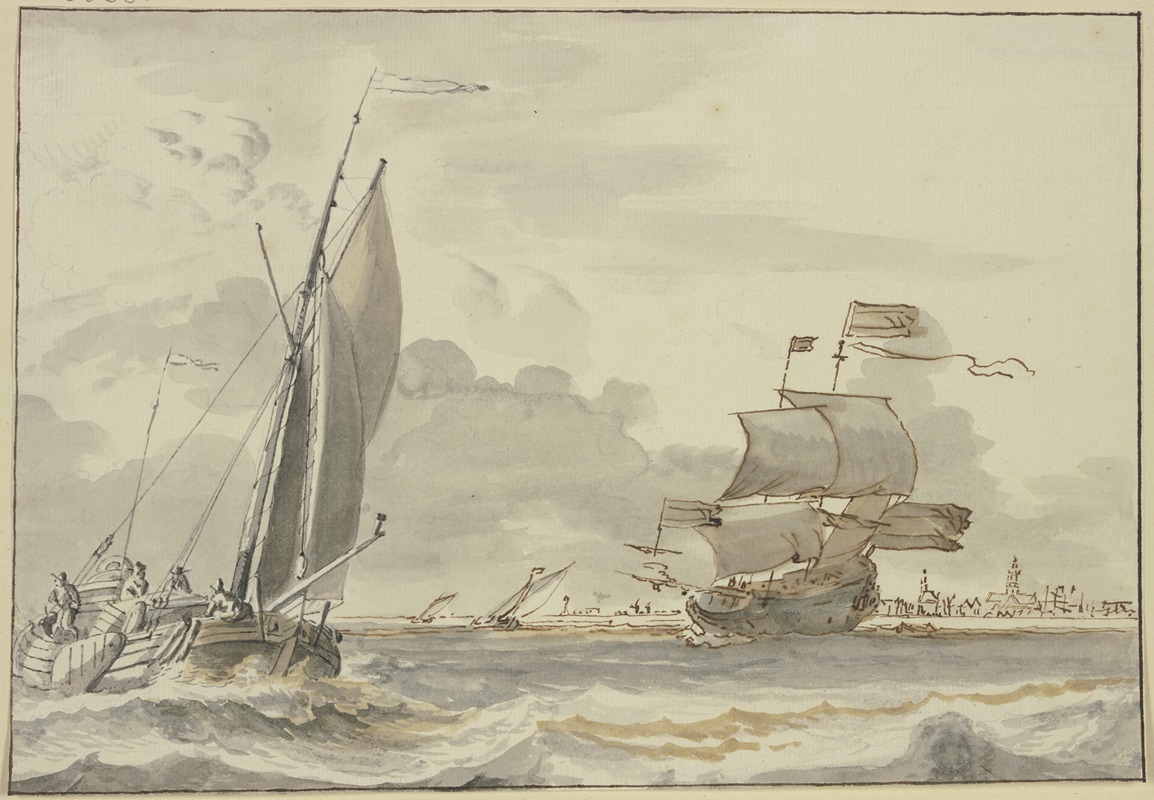 Ludolf Bakhuysen - Bewegte See, nach rechts segelndes Schiff, links eine Barke mit vier Mann, im Hintergrund eine Stadt