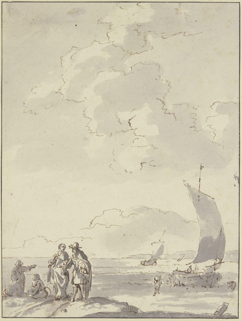 Ludolf Bakhuysen - Strand, vorne links ein Herr und eine Dame, daneben drei andere Figuren, rechts drei Segelboote