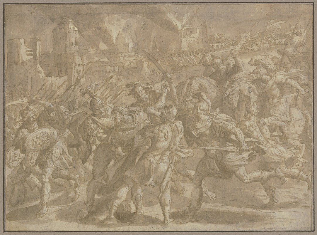Maerten De Vos - Nächtliches Schlachtgeschehen vor den Toren einer belagerten Stadt in Flammen