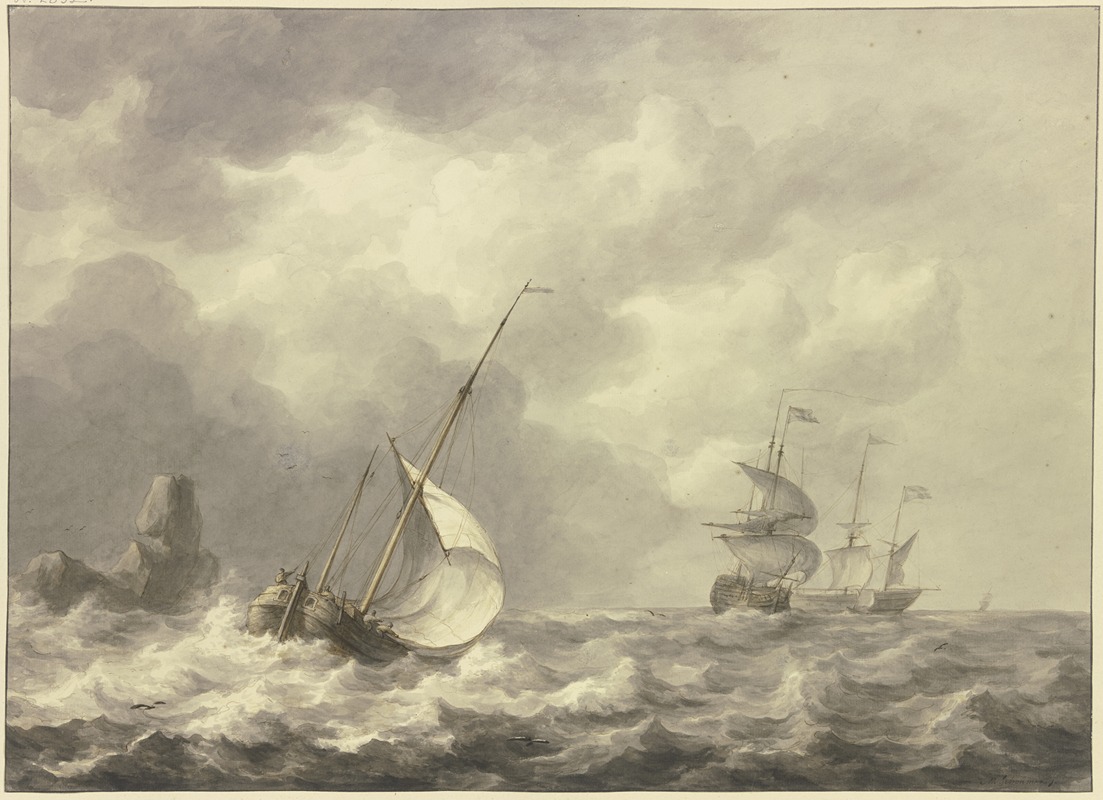Martinus Schouman - Drei Schiffe und Boot nach rechts, viertes Boot ist in die Brandung eines Felsens geraten.