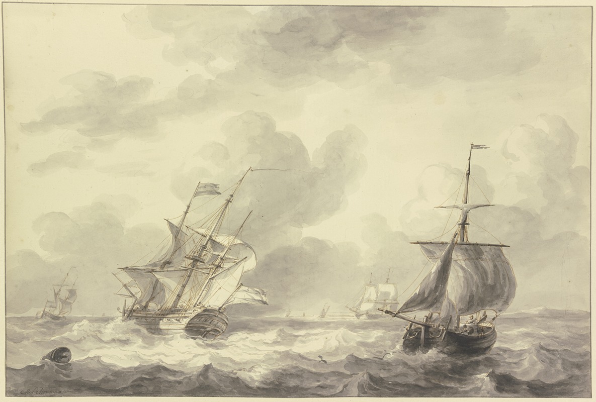 Martinus Schouman - Zwei Schiffe auf bewegter See, links eine Tonne