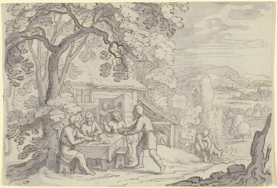 Matthäus Merian the elder - Abraham bewirtet die drei Engel unter einem Baum vor seinem Haus