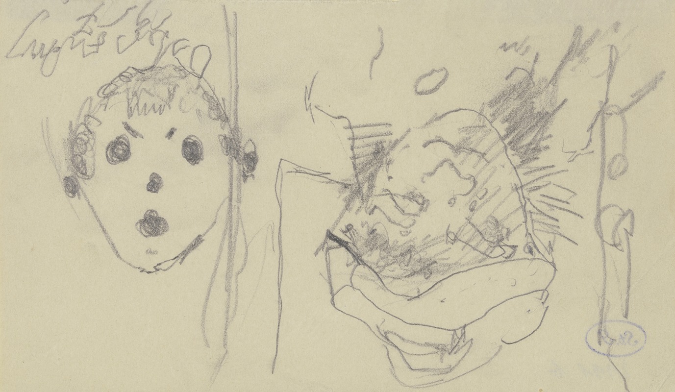 Max Beckmann - Kopf einer Frau mit Hut sowie eine – bei Drehung des Papiers um 180 Grad gezeichnete – schematische Fratze