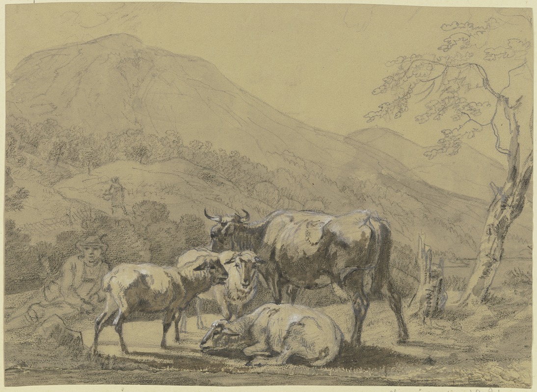 Max Joseph Wagenbauer - Hirte mit einer Kuh und drei Schafen in einer Gebirgslandschaft
