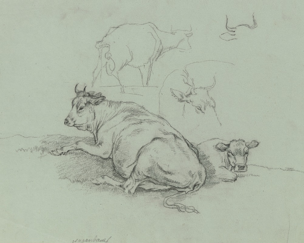 Max Joseph Wagenbauer - Liegende Kuh mit Kalb sowie weitere Rinder
