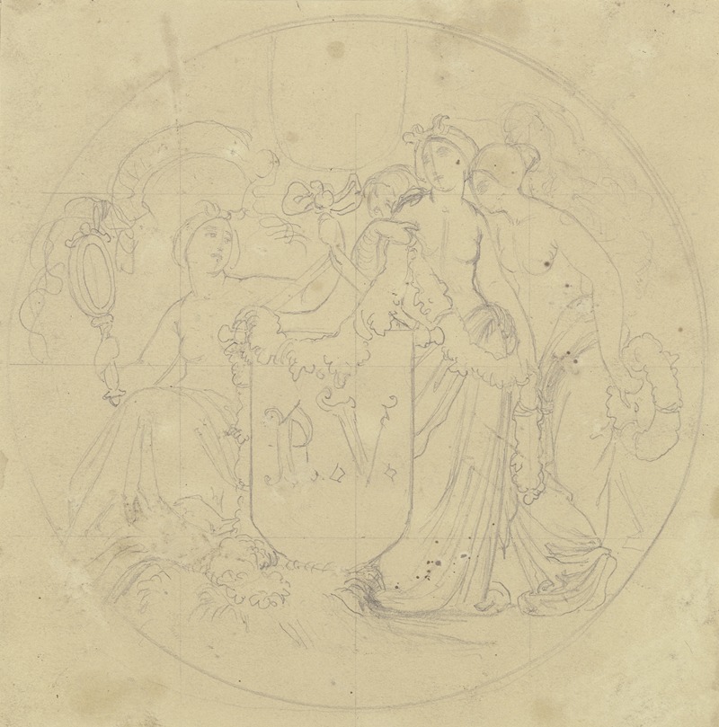 Moritz von Schwind - Drei allegorische Frauengestalten umgeben einen Wappenschild mit den Initialen des Künstlerkollegen Philipp Veit