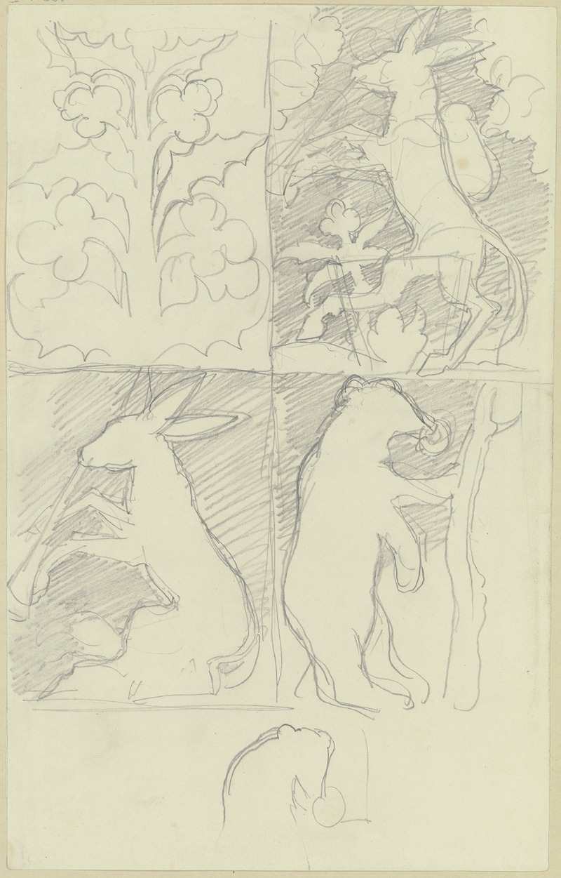 Moritz von Schwind - Kunstgewerbliche Entwürfe, in vier Feldern; Symmetrisches Gewächs, Esel mit Rucksack, Musizierender Esel und Bär mit Nasenring