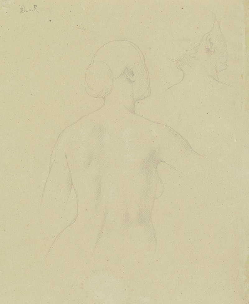 Moritz von Schwind - Weiblicher Rückenhalbakt, daneben Wiederholung des Kopfes (Personifikation des Flüsschens Schulter)