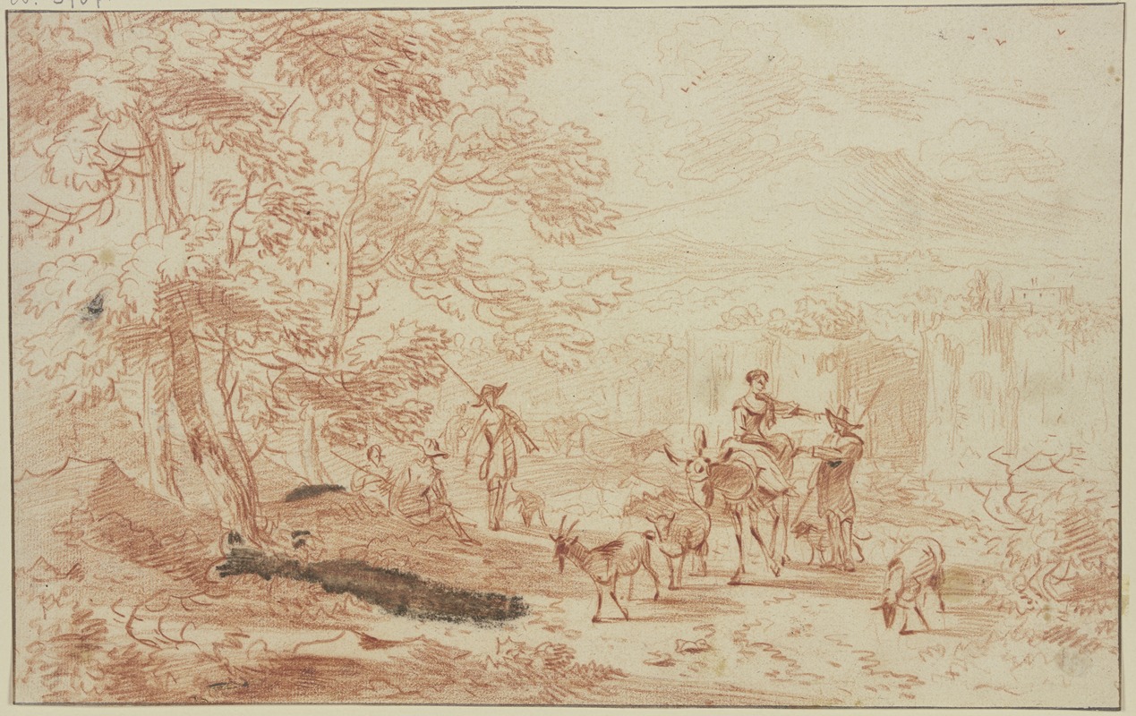 Nicolaes Pietersz. Berchem - Am Saum eines Waldes lagern Jäger, dabei ein Hirte und eine Hirtin auf einem Esel mit zwei Schafen und einer Ziege