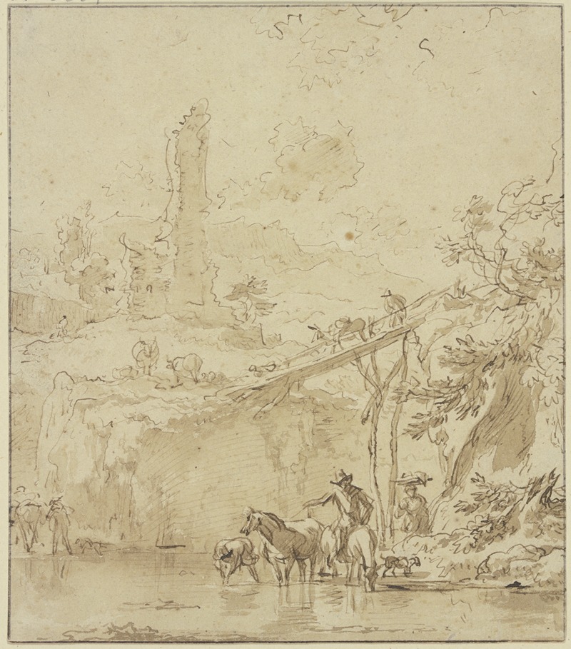Nicolaes Pietersz. Berchem - Burgruine, rechts ein hoher Steg, ein Bauer tränkt seine Pferde