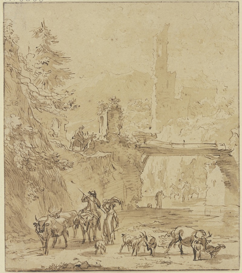 Nicolaes Pietersz. Berchem - Burgruine, über dem Wasser ein Steg im Vordergrund, Hirte zu Esel und Hirten zu Fuß mit Vieh