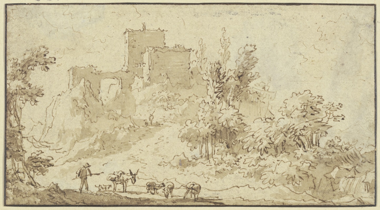 Nicolaes Pietersz. Berchem - Burgruine, vorne ein Hirte mit Eseln und Schafen