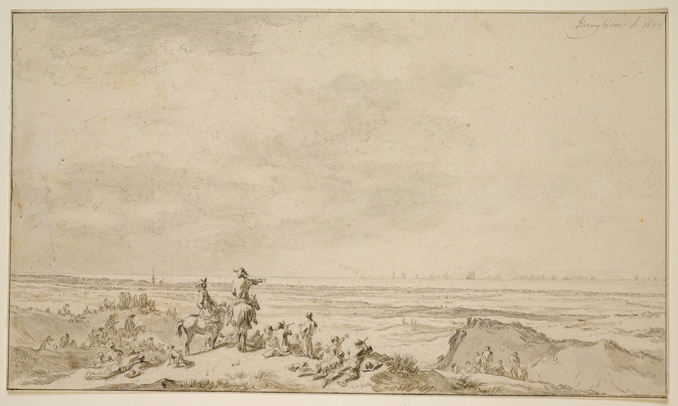 Nicolaes Pietersz. Berchem - Dünenlandschaft mit Seeschlacht in der Ferne