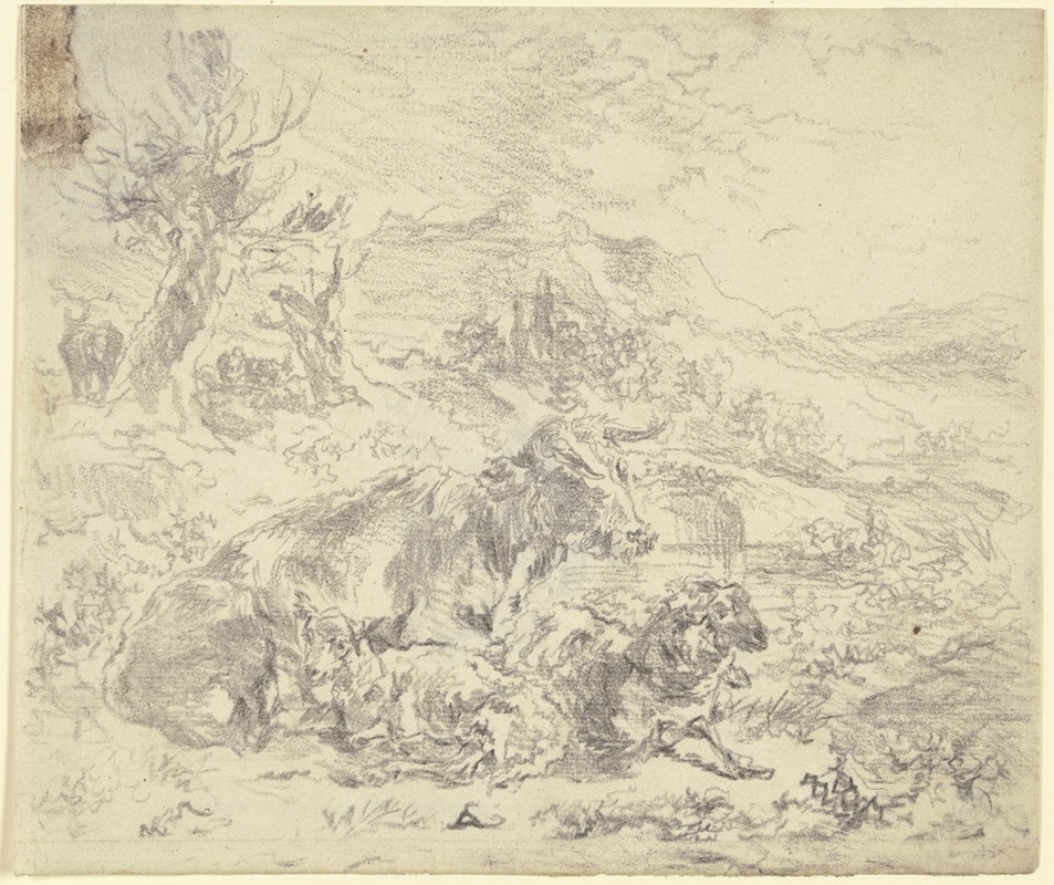 Nicolaes Pietersz. Berchem - Eine Kuh, eine Ziege und ein Schaf beieinander in einer bergigen Landschaft liegend