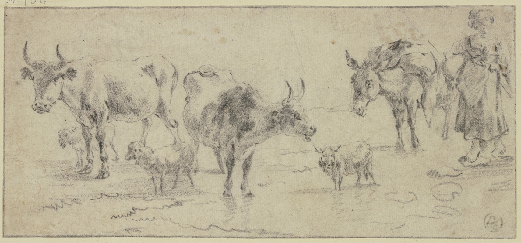 Nicolaes Pietersz. Berchem - Hirtin bei einem Esel sowie drei Kühen und drei Schafen
