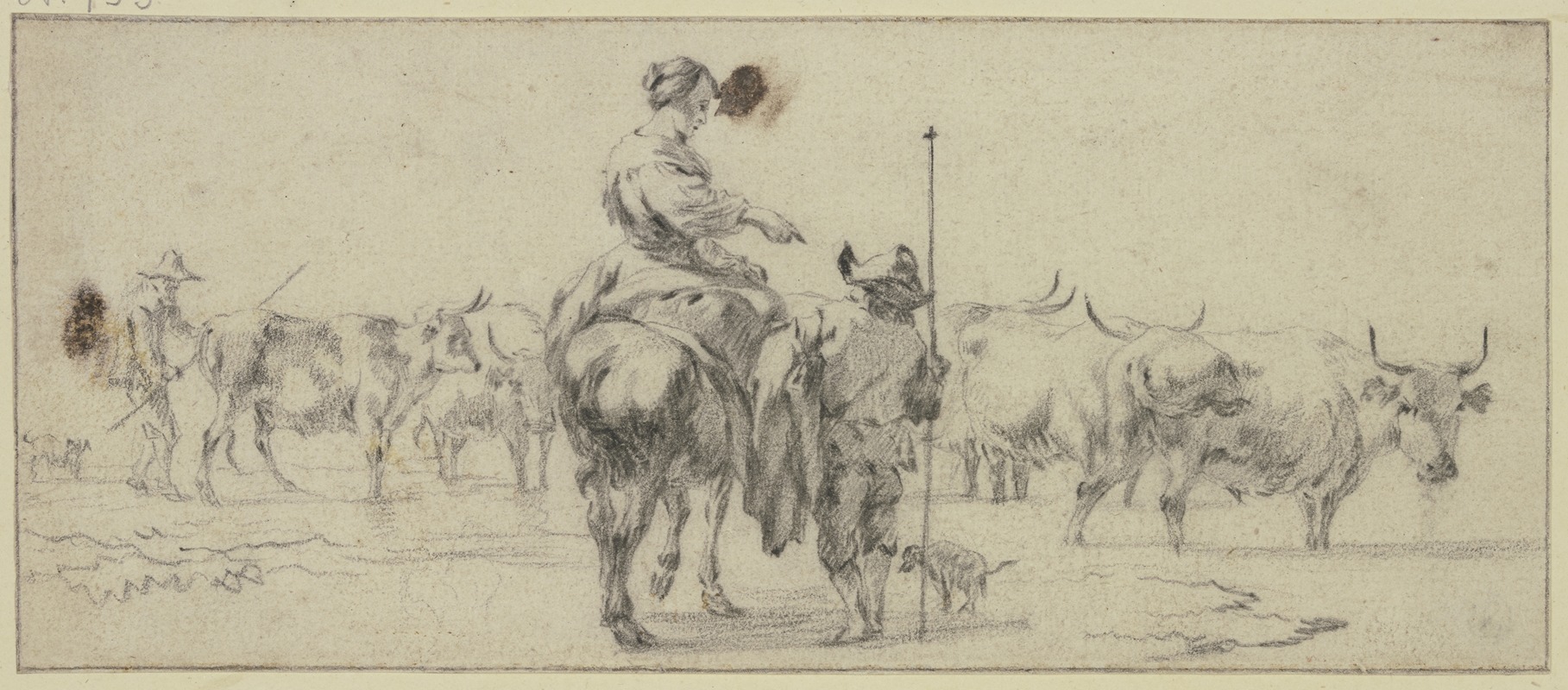 Nicolaes Pietersz. Berchem - Hirtin zu Pferde, zwei Hirten zu Fuß, bei einer Kuhherde