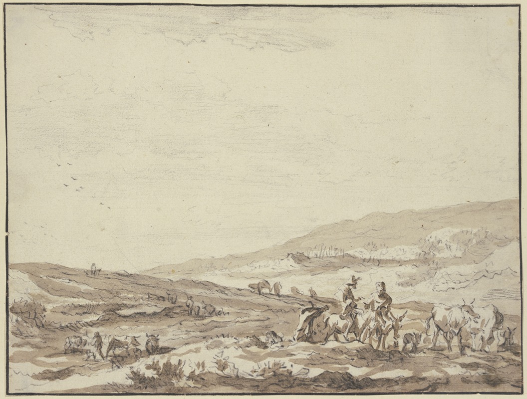 Nicolaes Pietersz. Berchem - Hügelige Gegend, rechts Hirte und Hirtin auf Eseln reitend mit Vieh