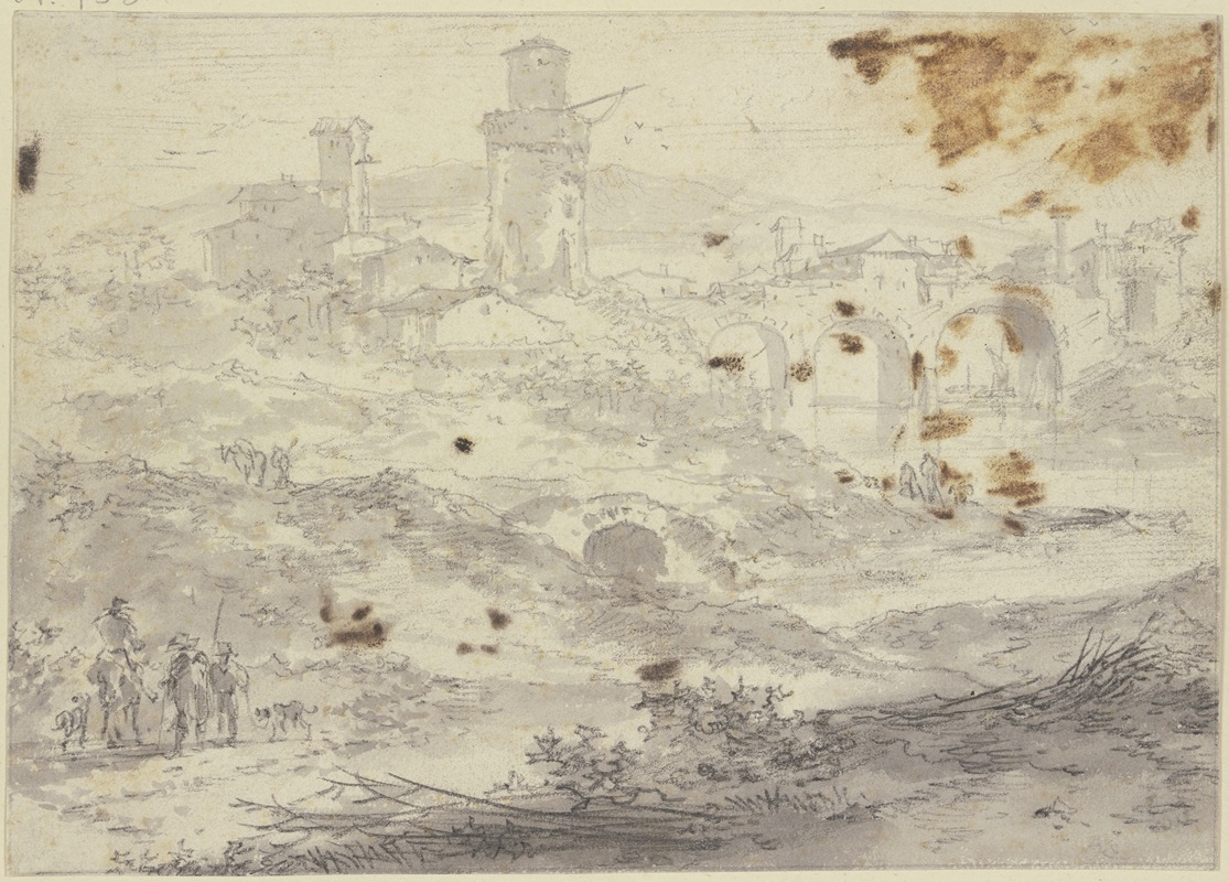 Nicolaes Pietersz. Berchem - Landschaft mit einer Stadt und einer großen Brücke mit drei Bögen, vorne links drei Figuren