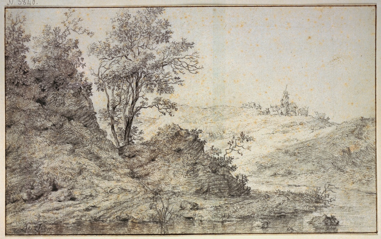 Nicolaes Pietersz. Berchem - Landschaft mit Wasser, auf dem Hügel Hirte und Hirtin mit Vieh